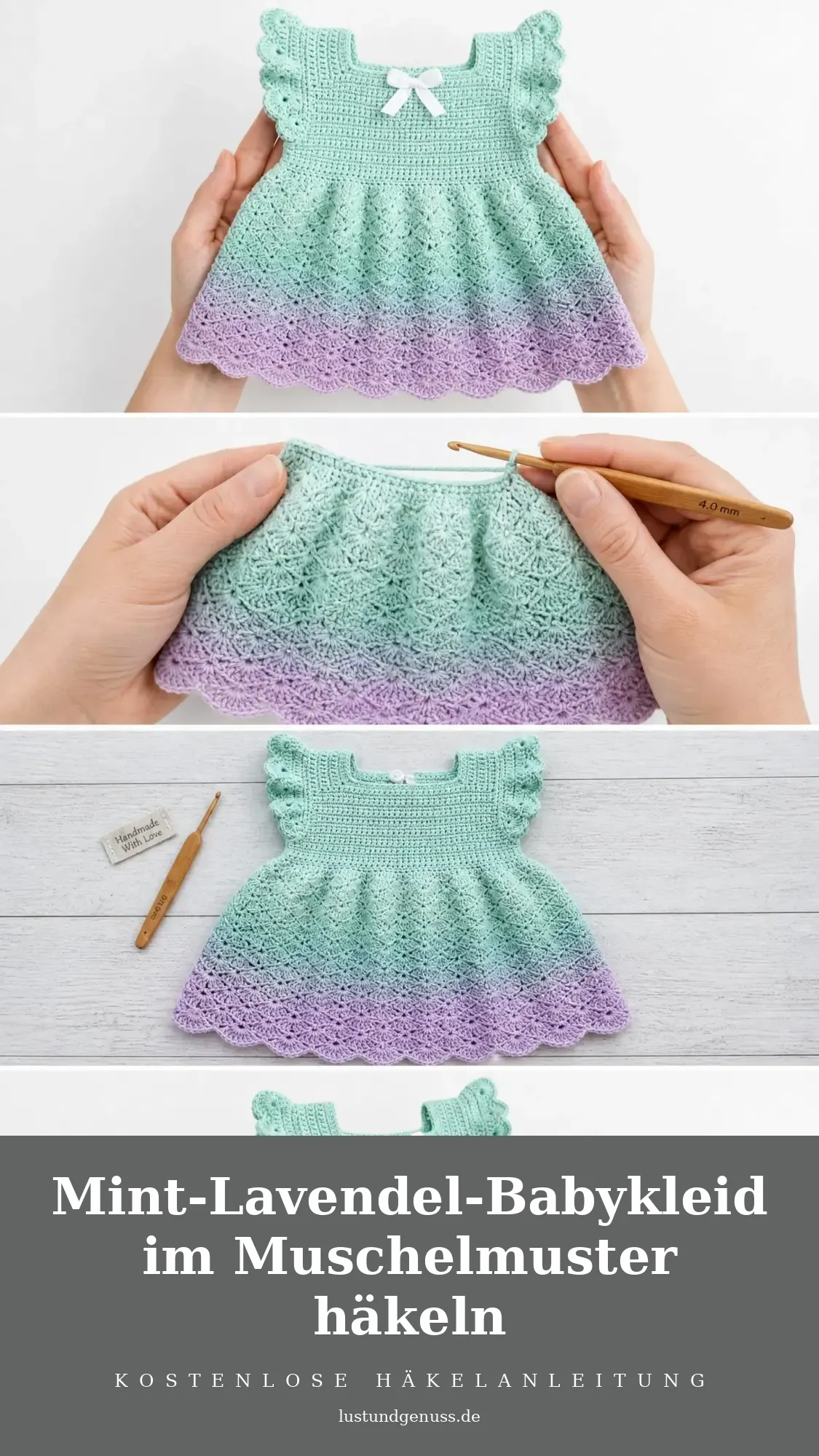 Mint-Lavendel-Babykleid im Muschelmuster häkeln
