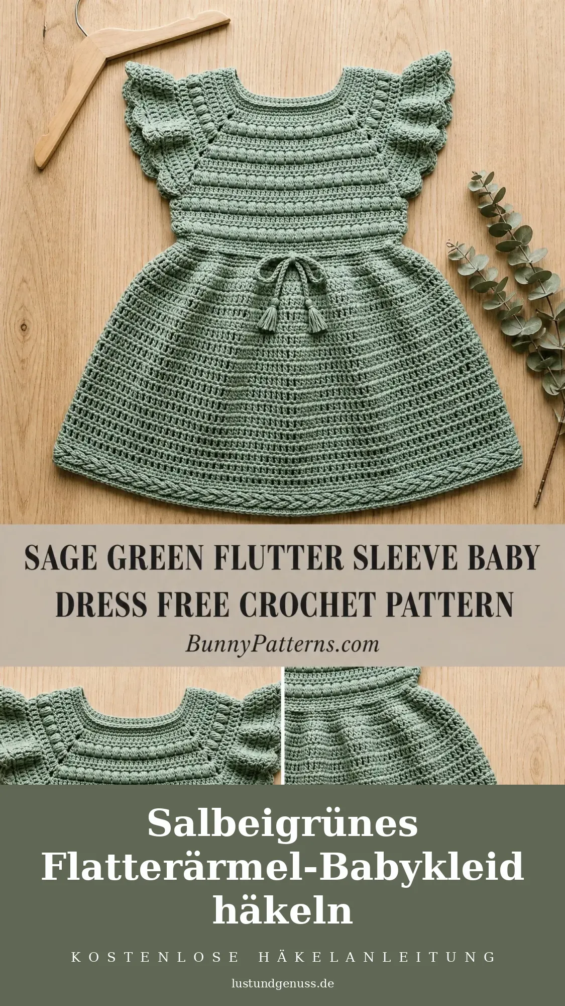 Salbeigrünes Flatterärmel-Babykleid häkeln