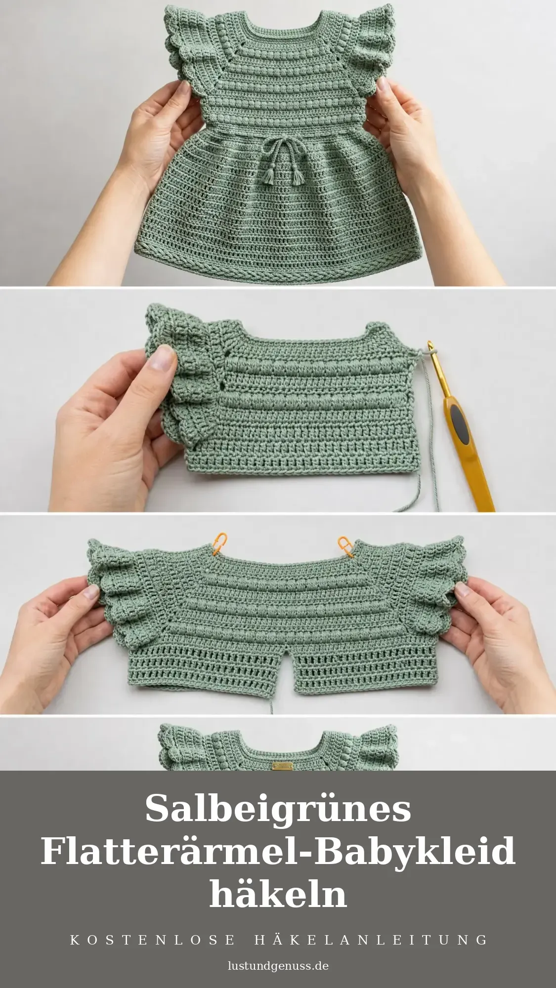 Salbeigrünes Flatterärmel-Babykleid häkeln