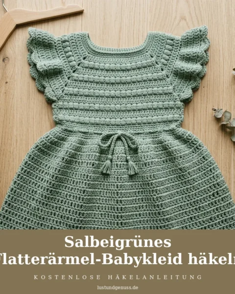 Salbeigrünes Flatterärmel-Babykleid häkeln