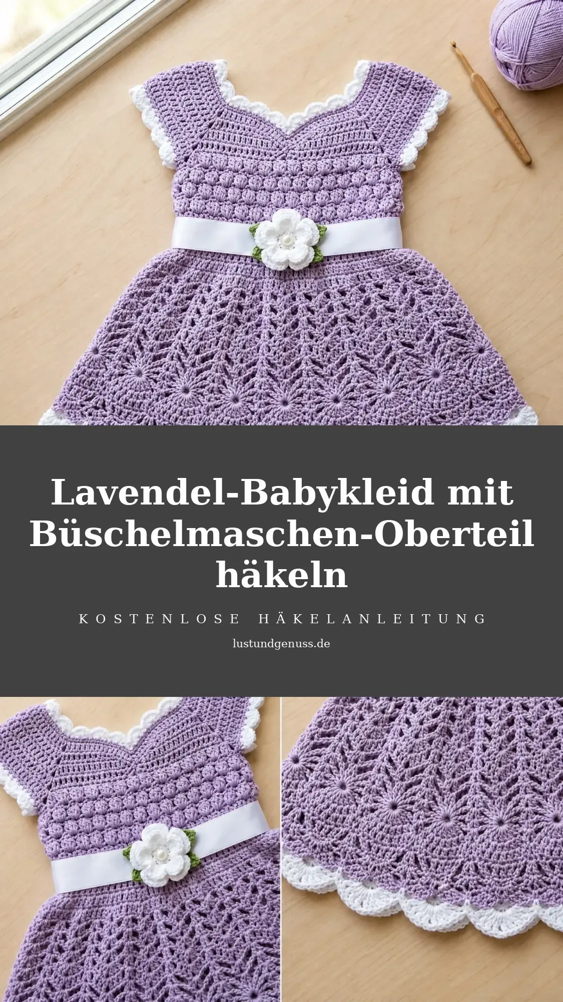 Lavendel-Babykleid mit Büschelmaschen-Oberteil häkeln