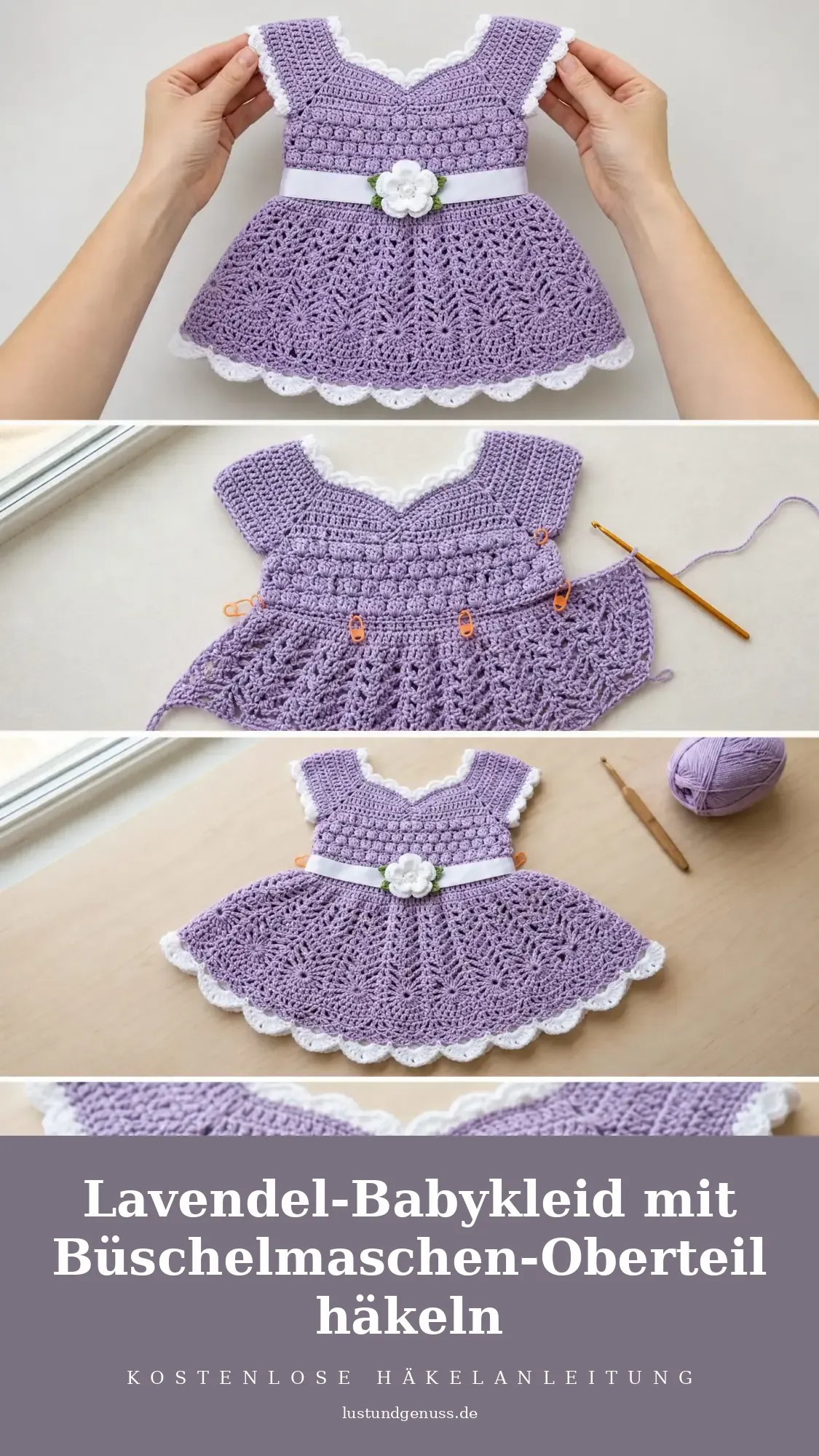 Lavendel-Babykleid mit Büschelmaschen-Oberteil häkeln