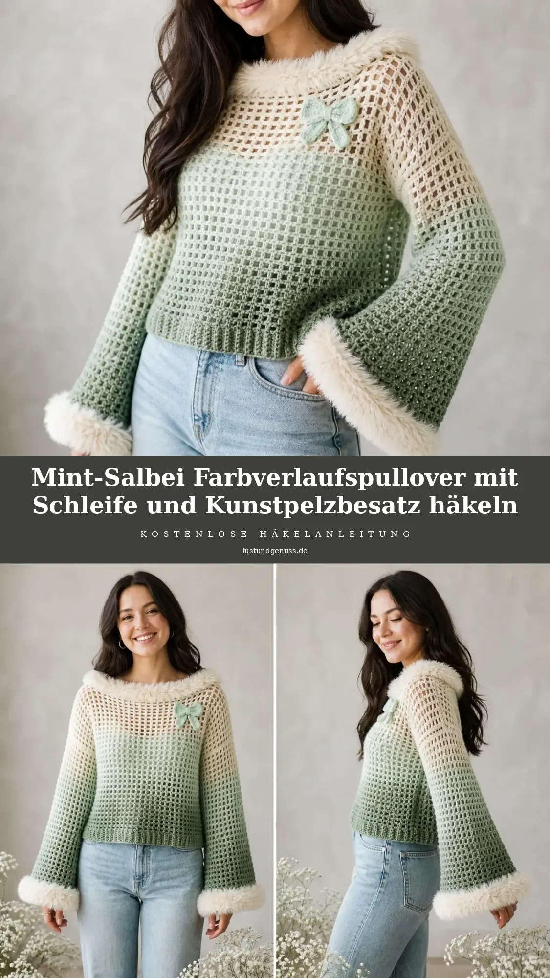 Mint-Salbei Farbverlaufspullover mit Schleife und Kunstpelzbesatz häkeln