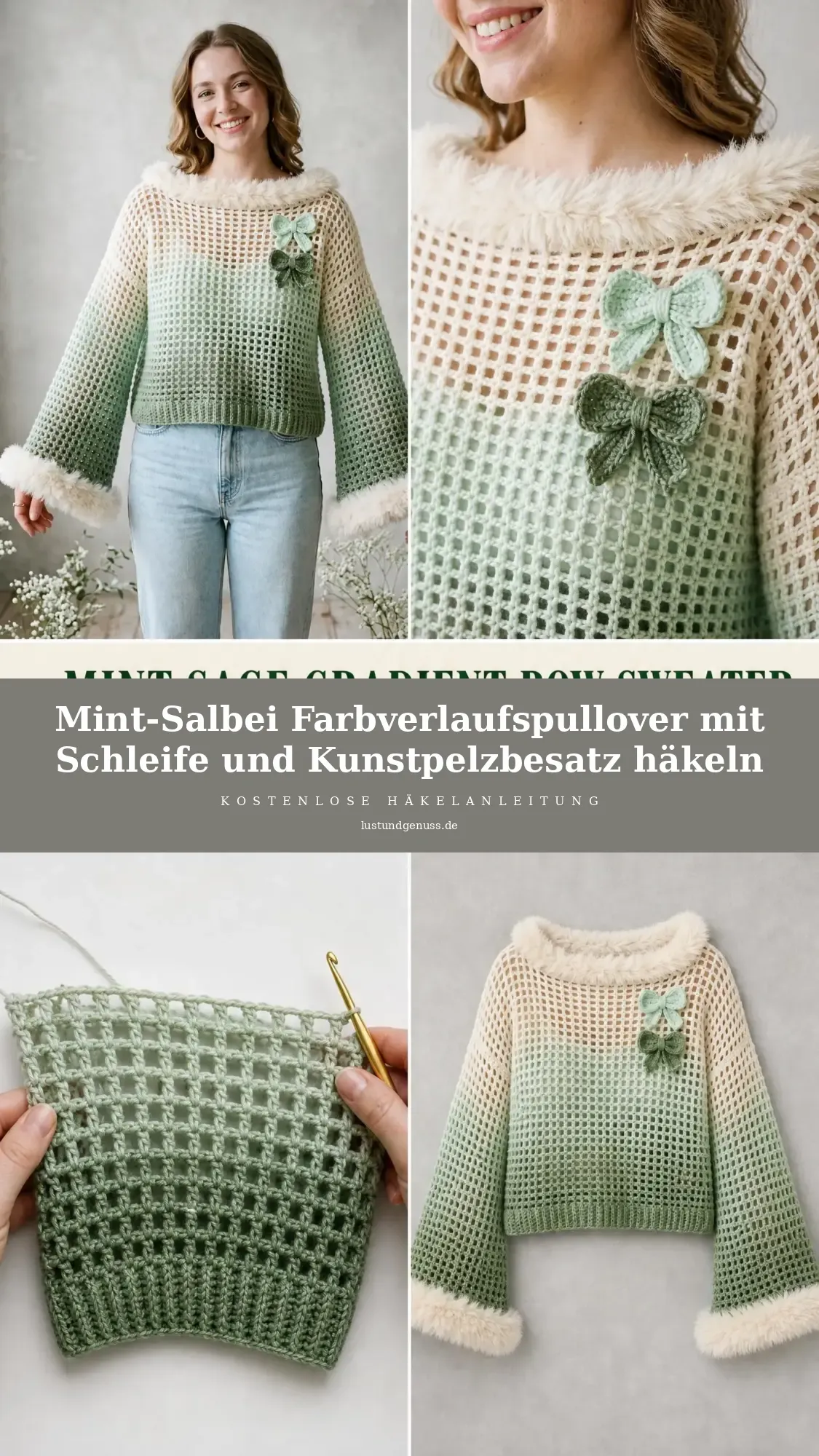 Mint-Salbei Farbverlaufspullover mit Schleife und Kunstpelzbesatz häkeln
