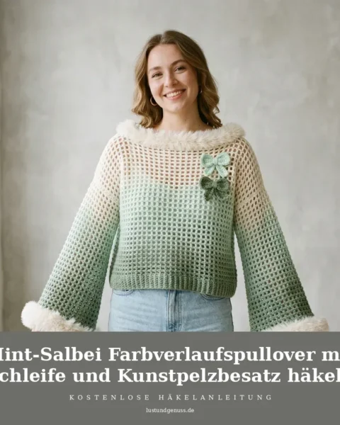 Mint-Salbei Farbverlaufspullover mit Schleife und Kunstpelzbesatz häkeln