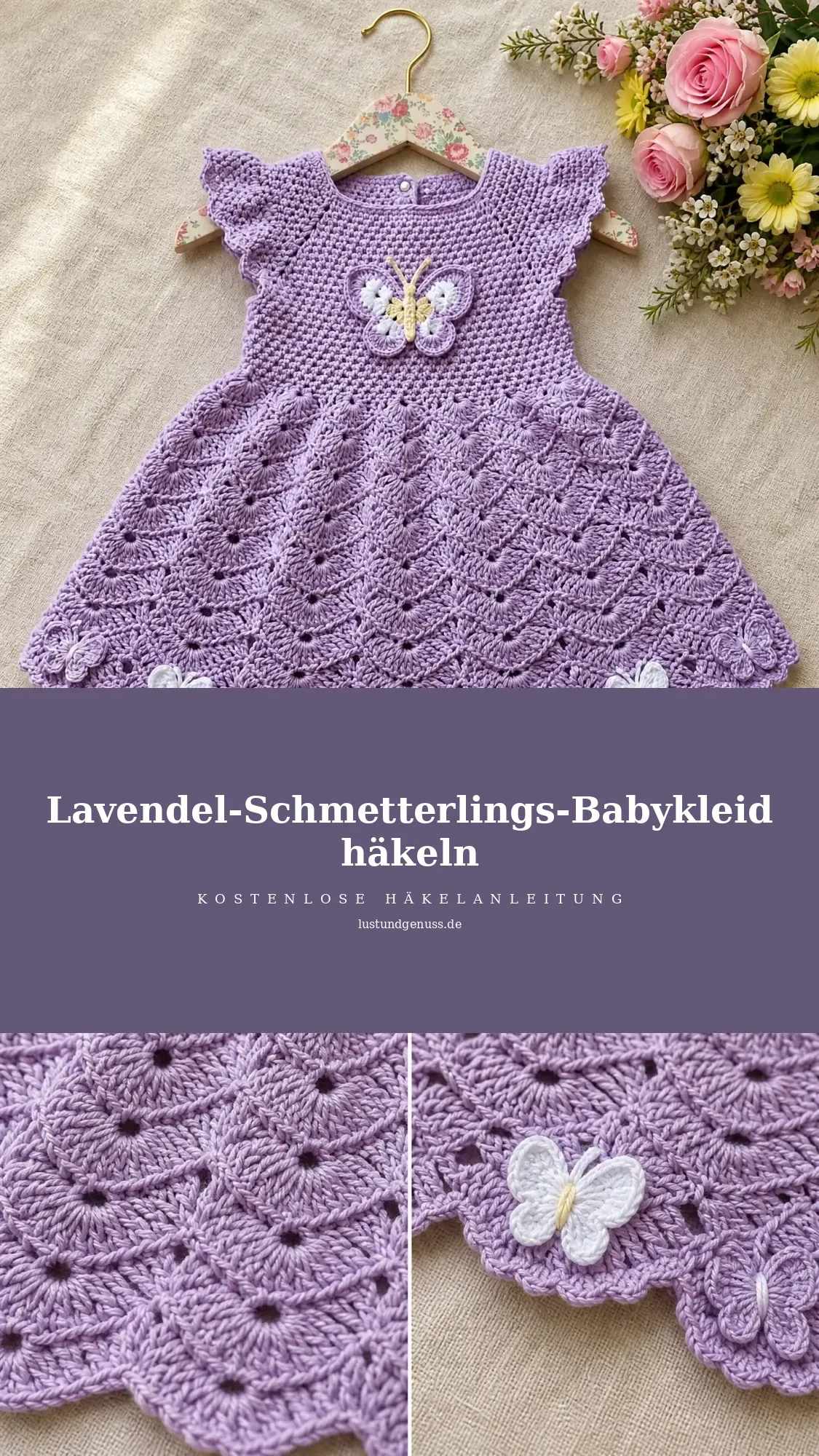 Lavendel-Schmetterlings-Babykleid mit diagonaler Muschelmasche häkeln
