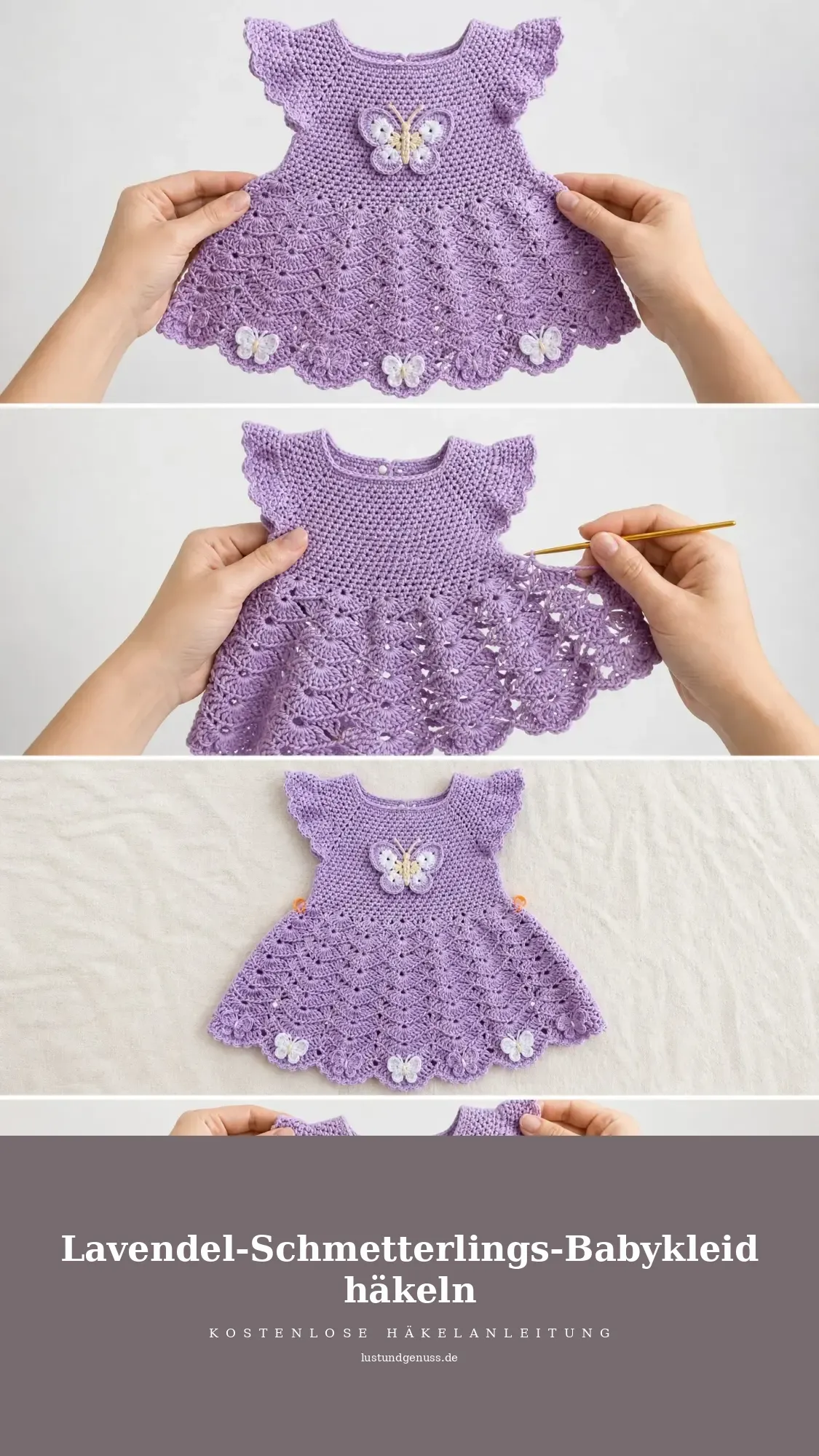 Lavendel-Schmetterlings-Babykleid mit diagonaler Muschelmasche häkeln