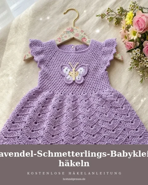 Lavendel-Schmetterlings-Babykleid mit diagonaler Muschelmasche häkeln
