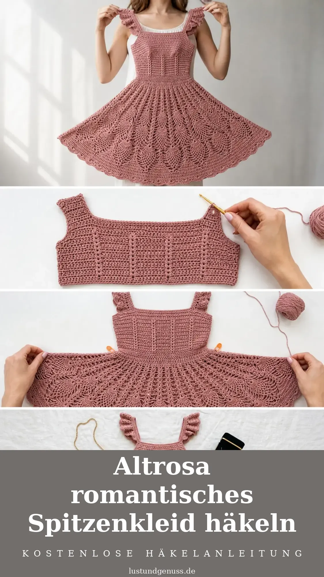 Altrosa romantisches Spitzenkleid häkeln