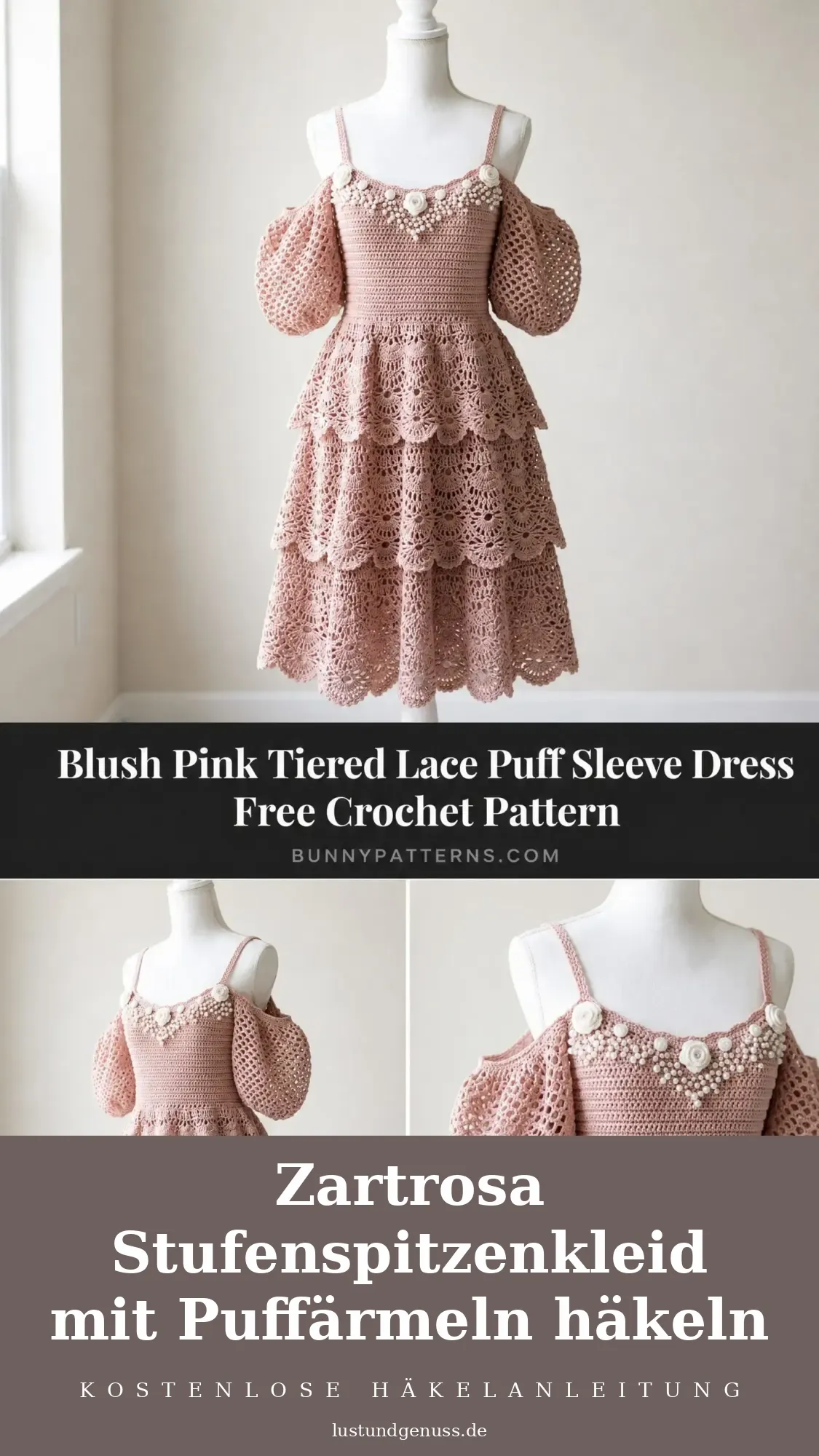 Zartrosa Stufenspitzenkleid mit Puffärmeln häkeln