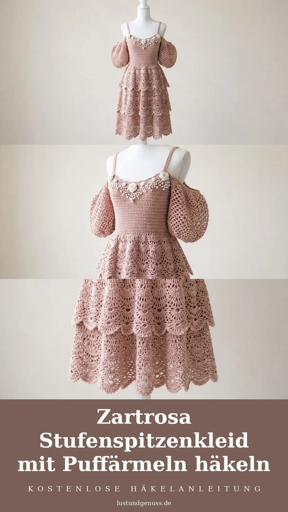 Zartrosa Stufenspitzenkleid mit Puffärmeln häkeln