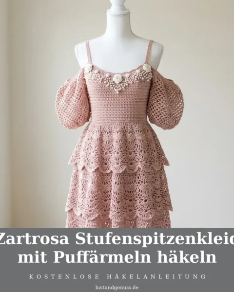 Zartrosa Stufenspitzenkleid mit Puffärmeln häkeln