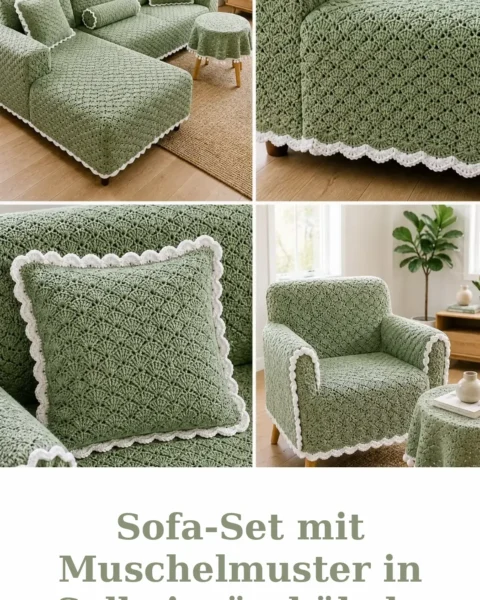 Sofa-Set mit Muschelmuster in Salbeigrün häkeln
