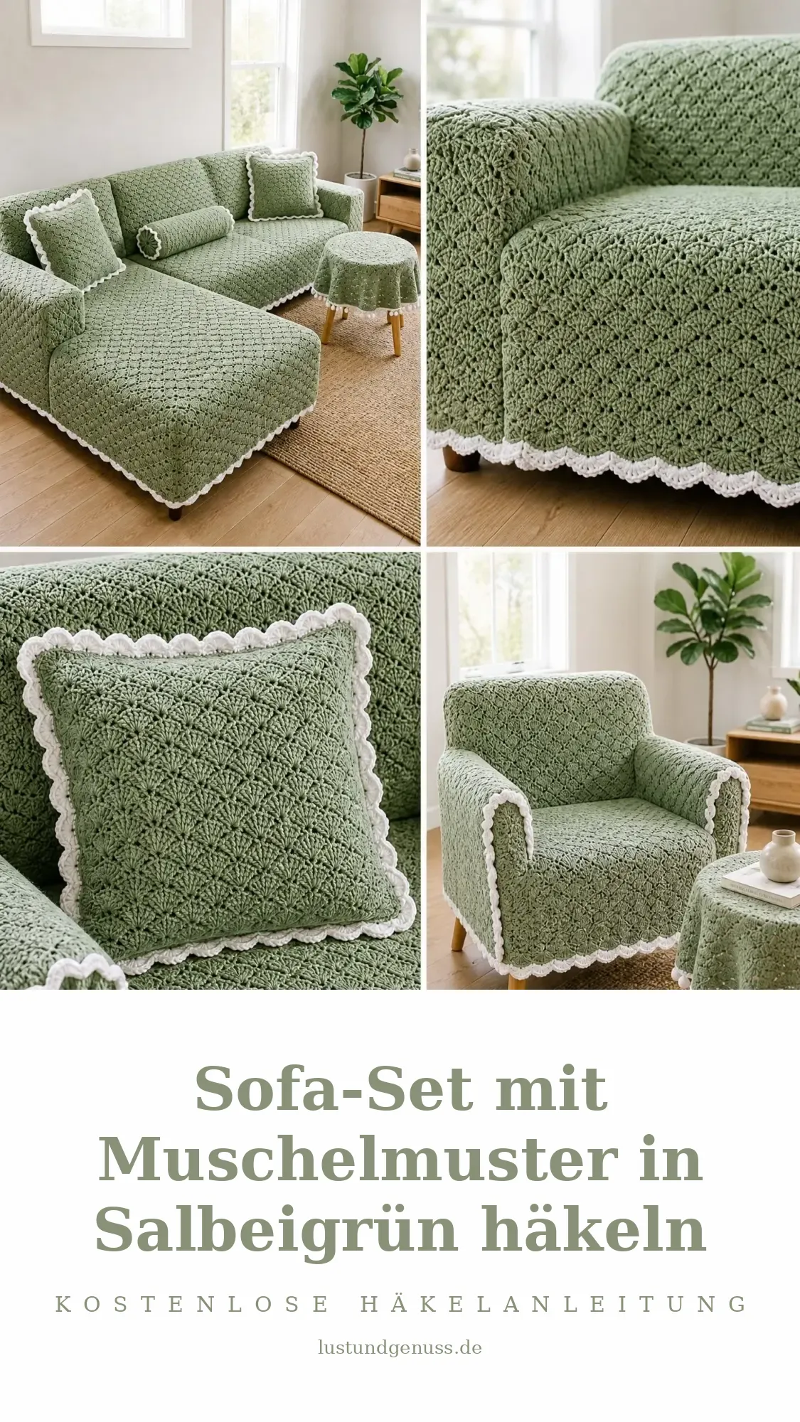 Sofa-Set mit Muschelmuster in Salbeigrün häkeln