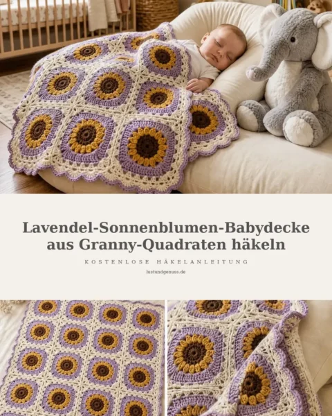 Lavendel-Sonnenblumen-Babydecke aus Granny-Quadraten häkeln