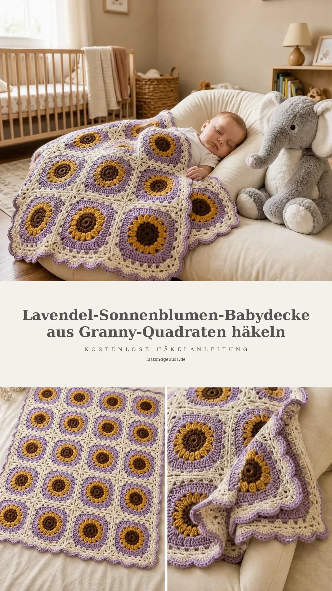 Lavendel-Sonnenblumen-Babydecke aus Granny-Quadraten häkeln