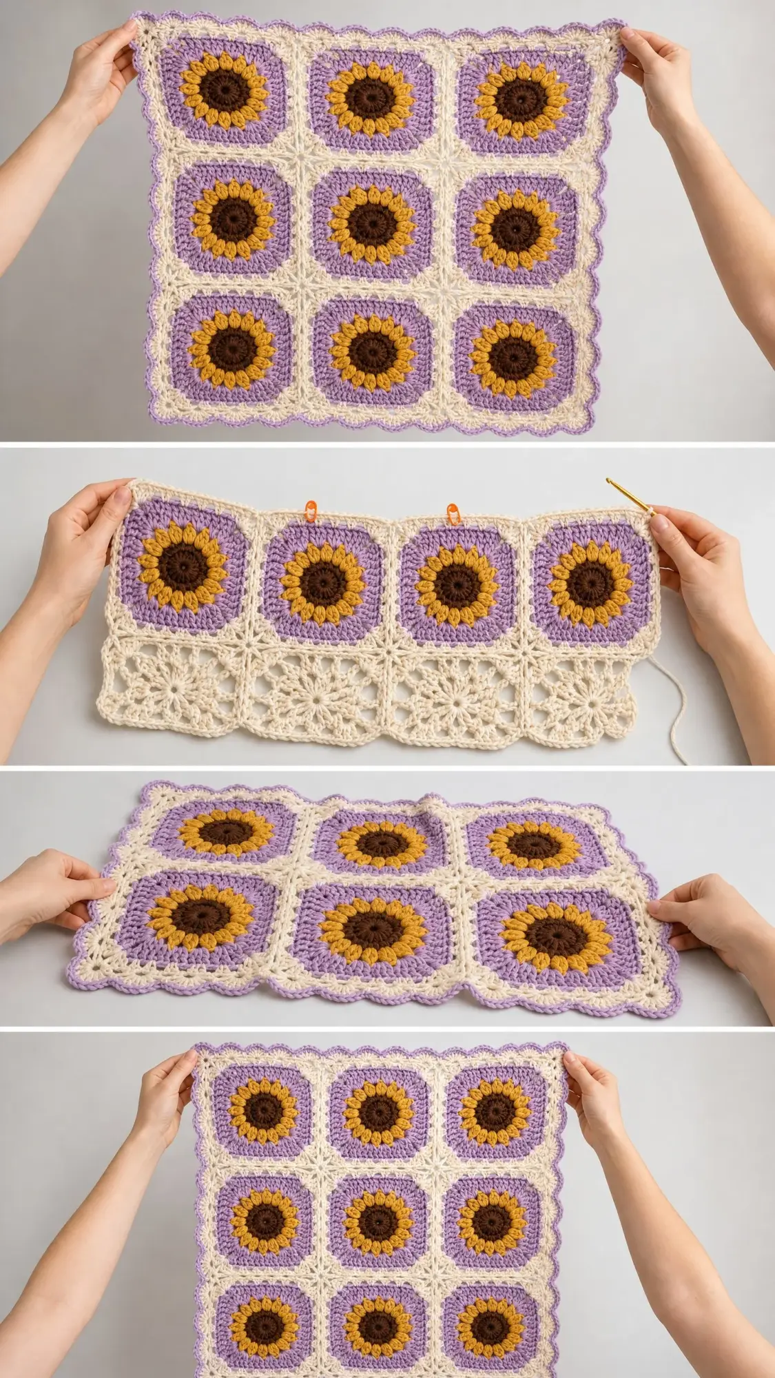 Lavendel-Sonnenblumen-Babydecke aus Granny-Quadraten häkeln