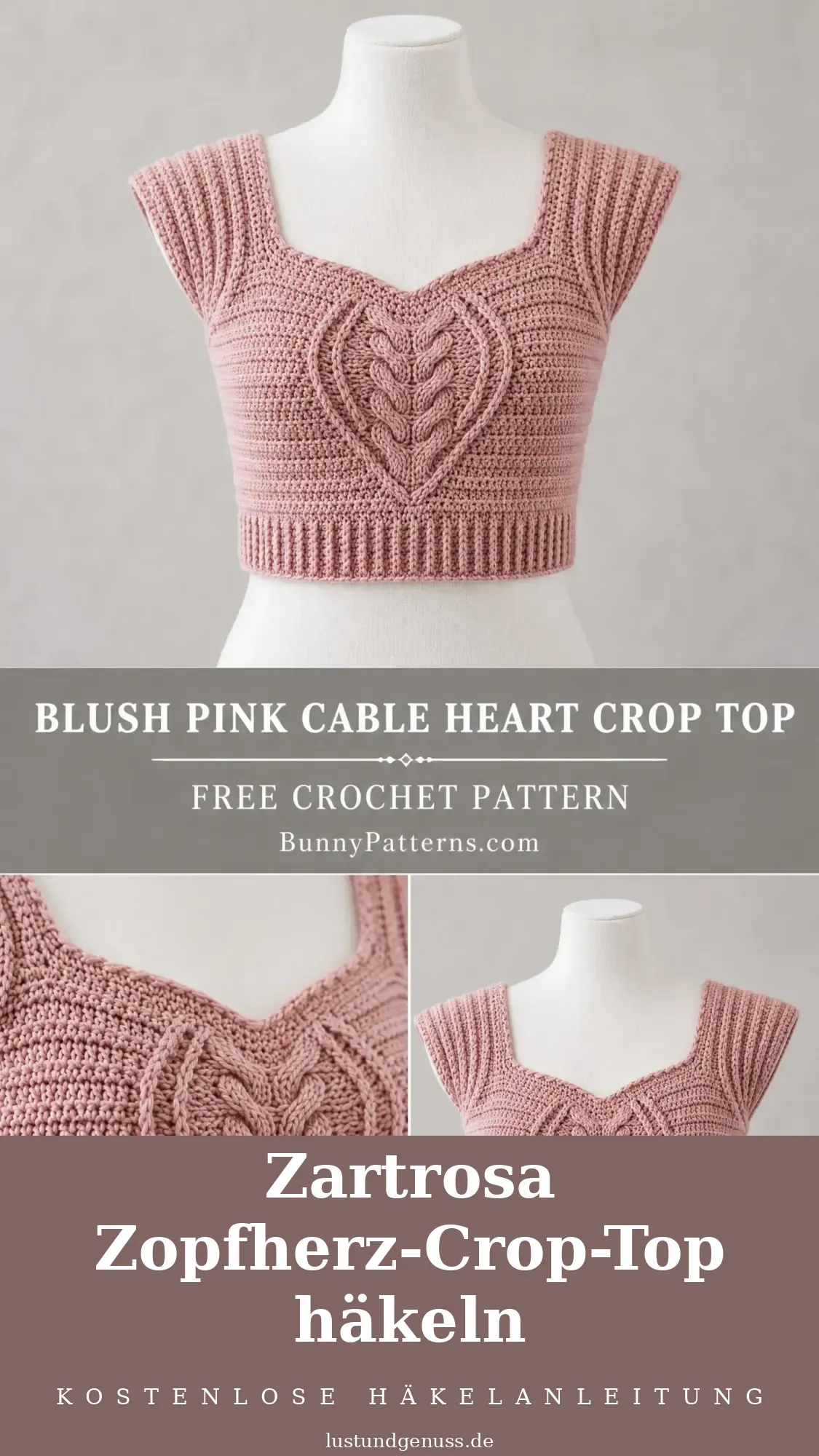 Zartrosa Zopfherz-Crop-Top häkeln