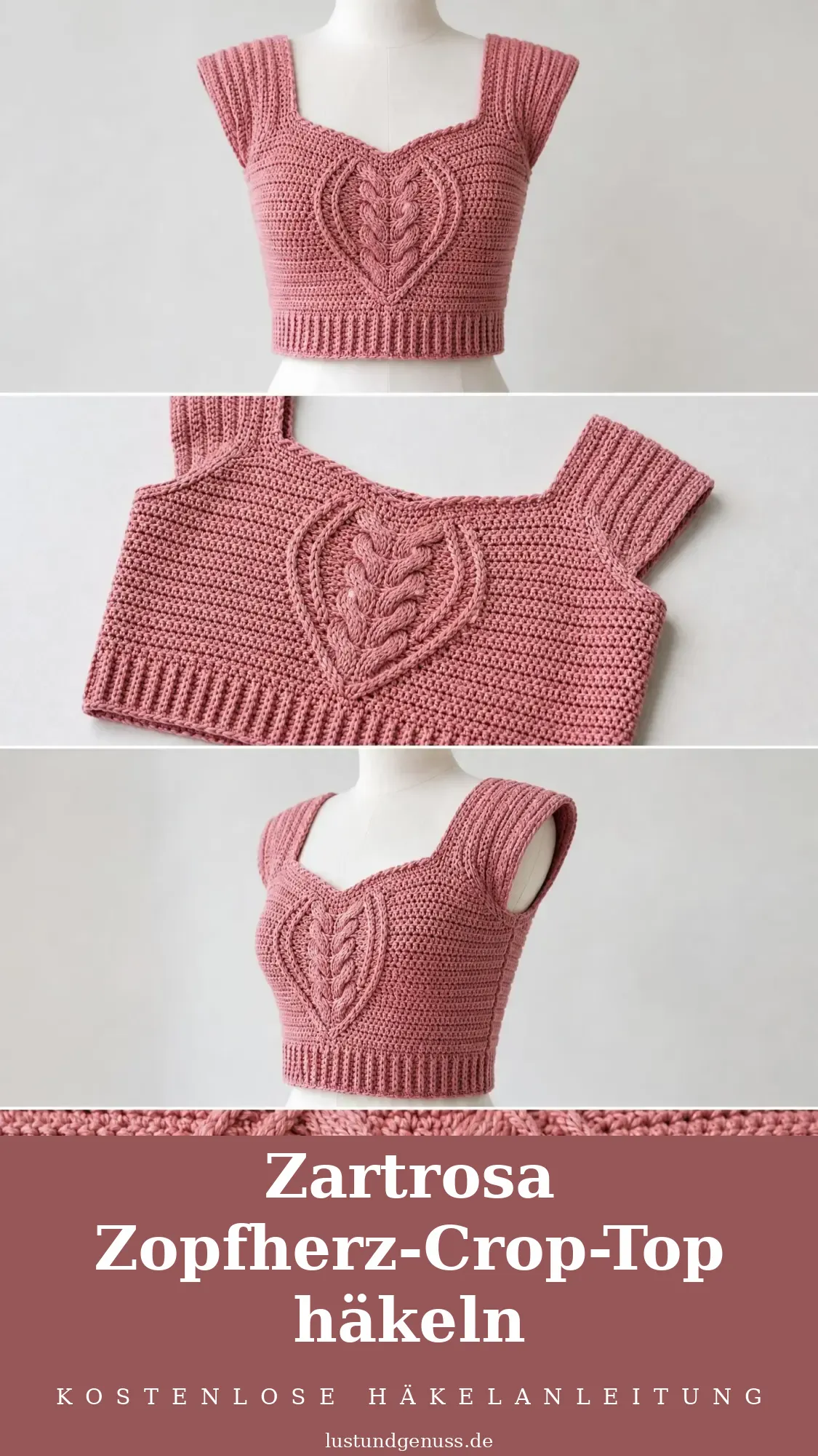Zartrosa Zopfherz-Crop-Top häkeln