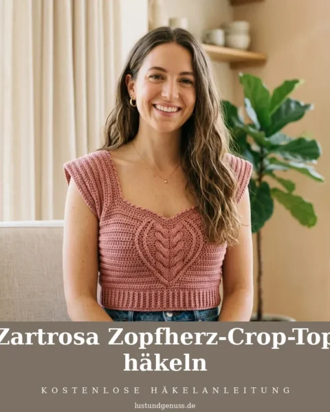 Zartrosa Zopfherz-Crop-Top häkeln