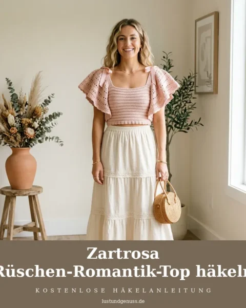 Zartrosa Rüschen-Romantik-Top häkeln