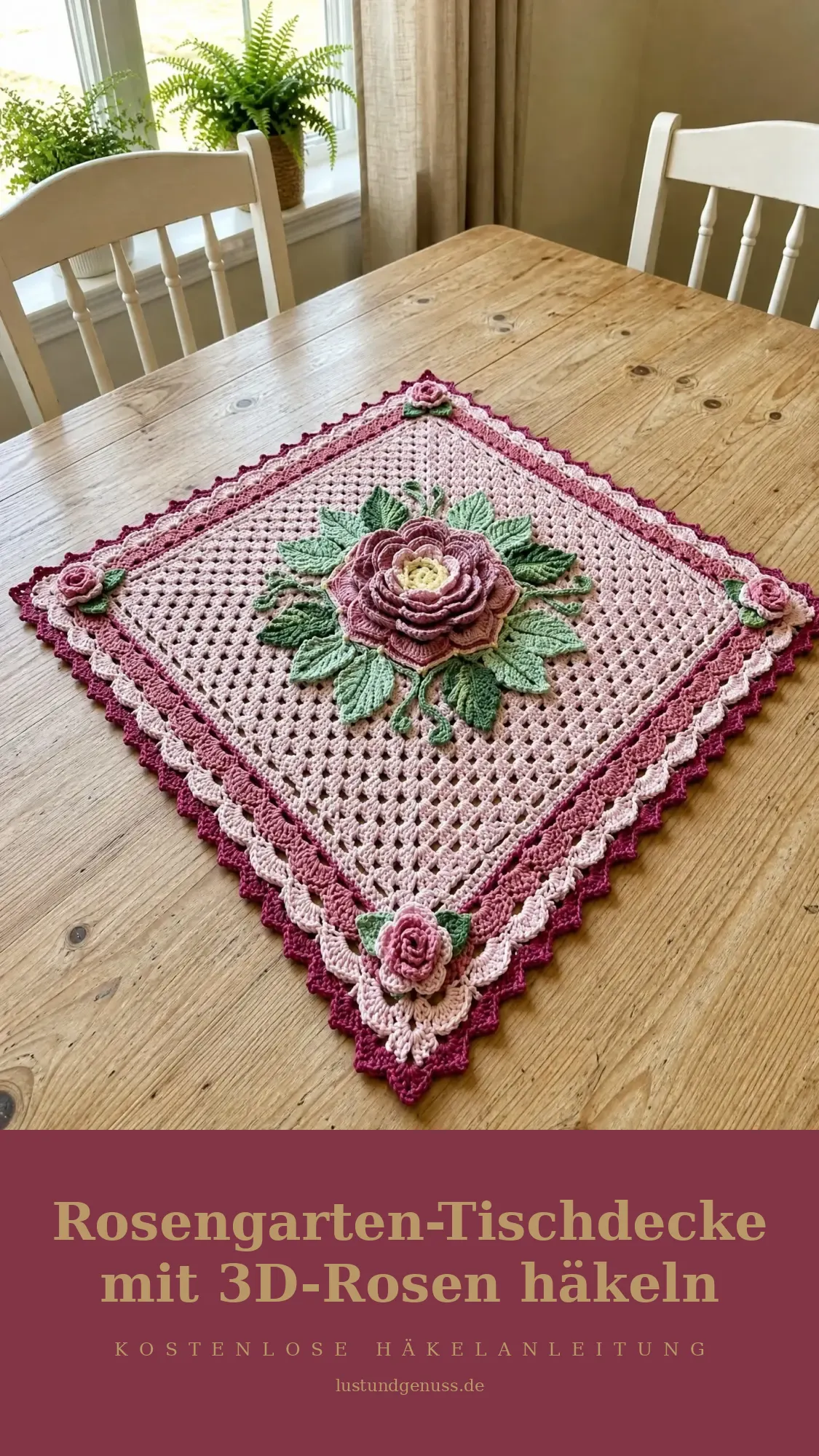 Rosengarten-Tischdecke mit 3D-Rosen häkeln