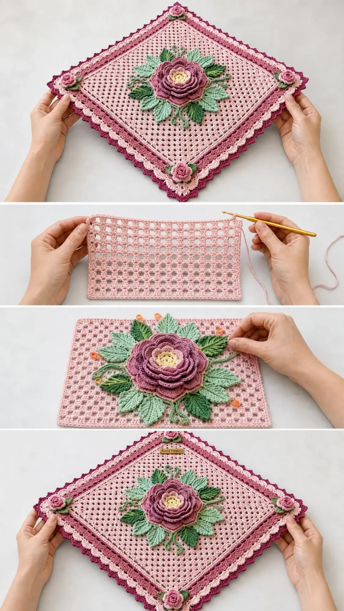 Rosengarten-Tischdecke mit 3D-Rosen häkeln