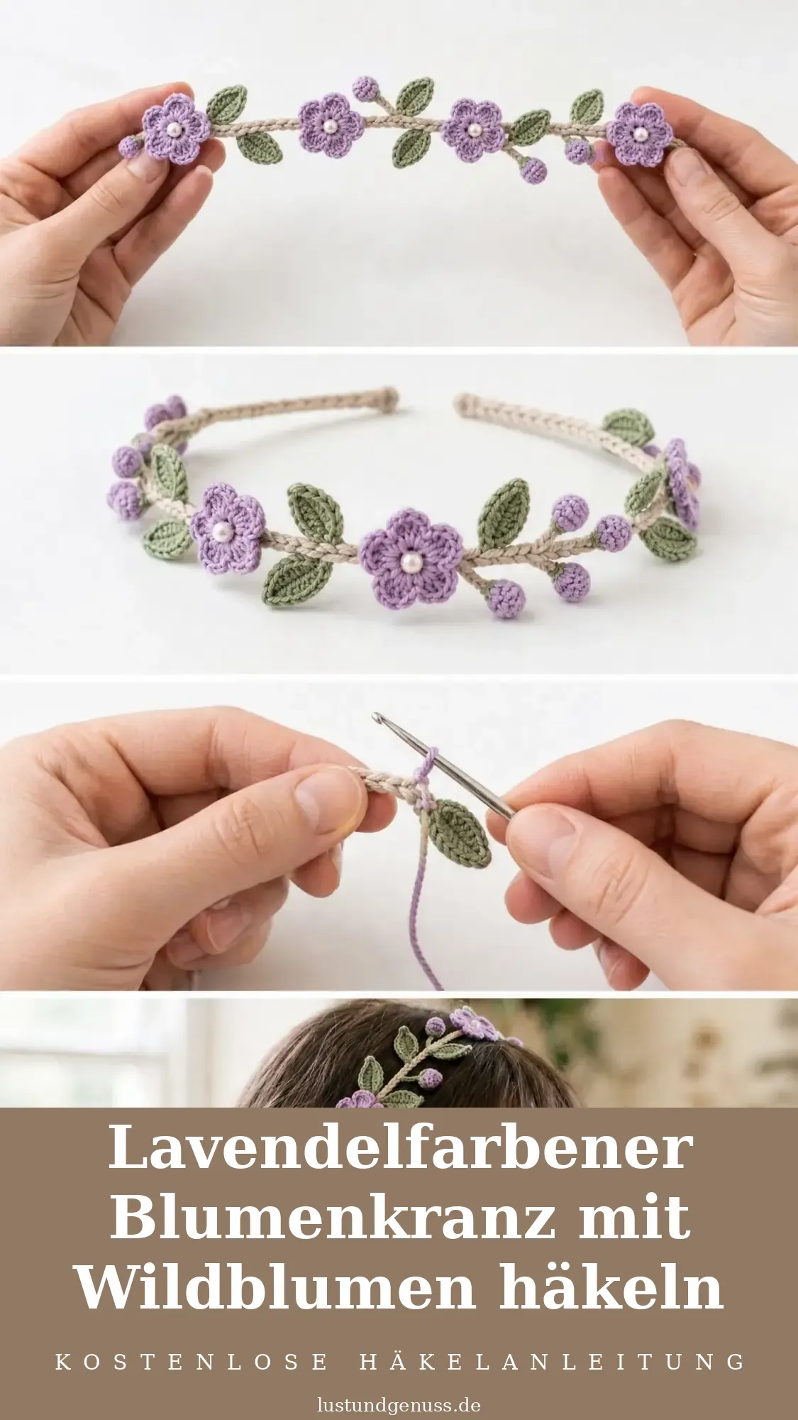 Lavendelfarbener Blumenkranz mit Wildblumen häkeln