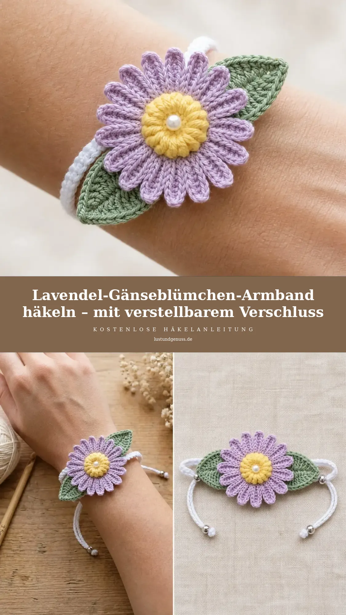 Lavendel-Gänseblümchen-Armband häkeln – mit verstellbarem Verschluss