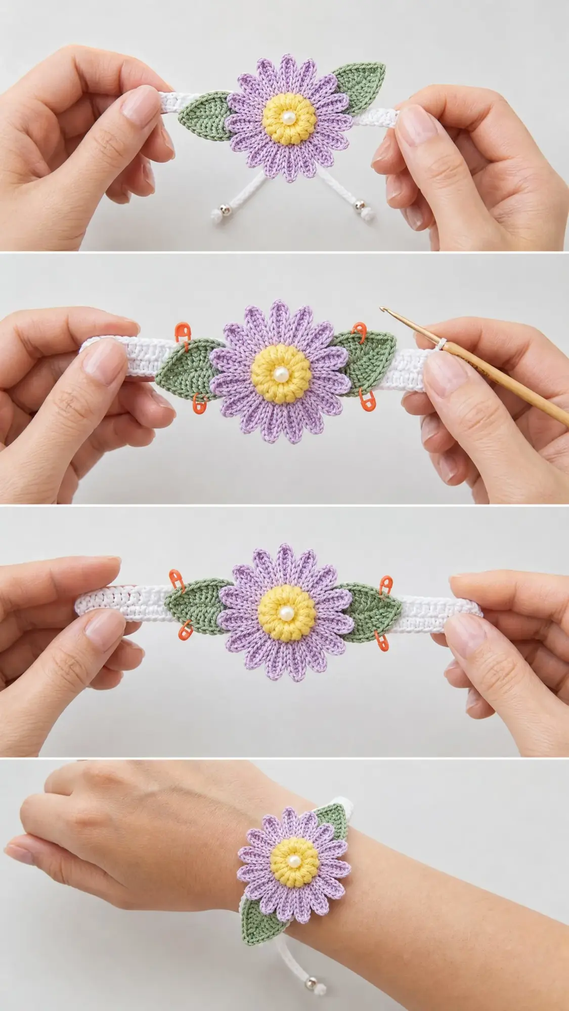 Lavendel-Gänseblümchen-Armband häkeln – mit verstellbarem Verschluss