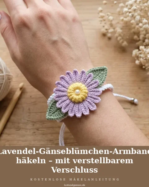 Lavendel-Gänseblümchen-Armband häkeln – mit verstellbarem Verschluss