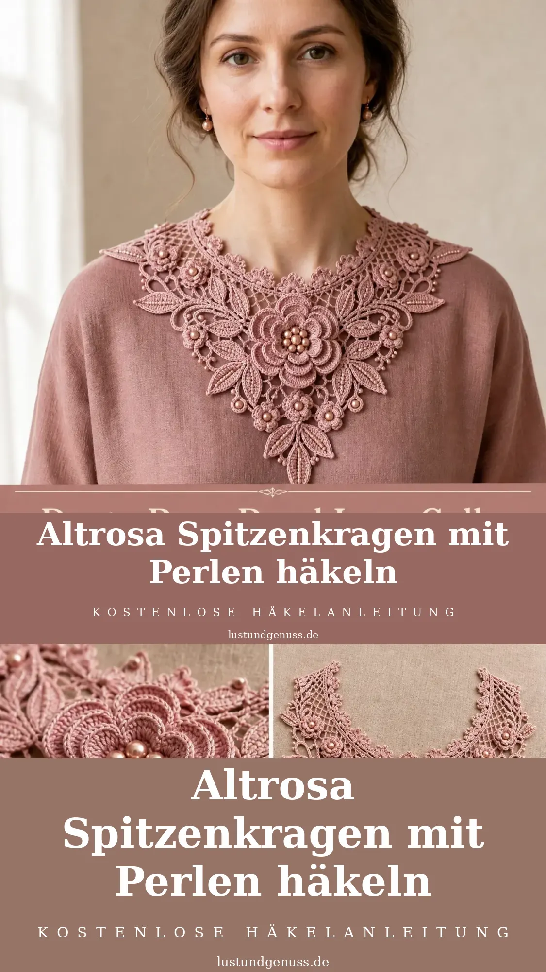 Altrosa Spitzenkragen mit Perlen häkeln