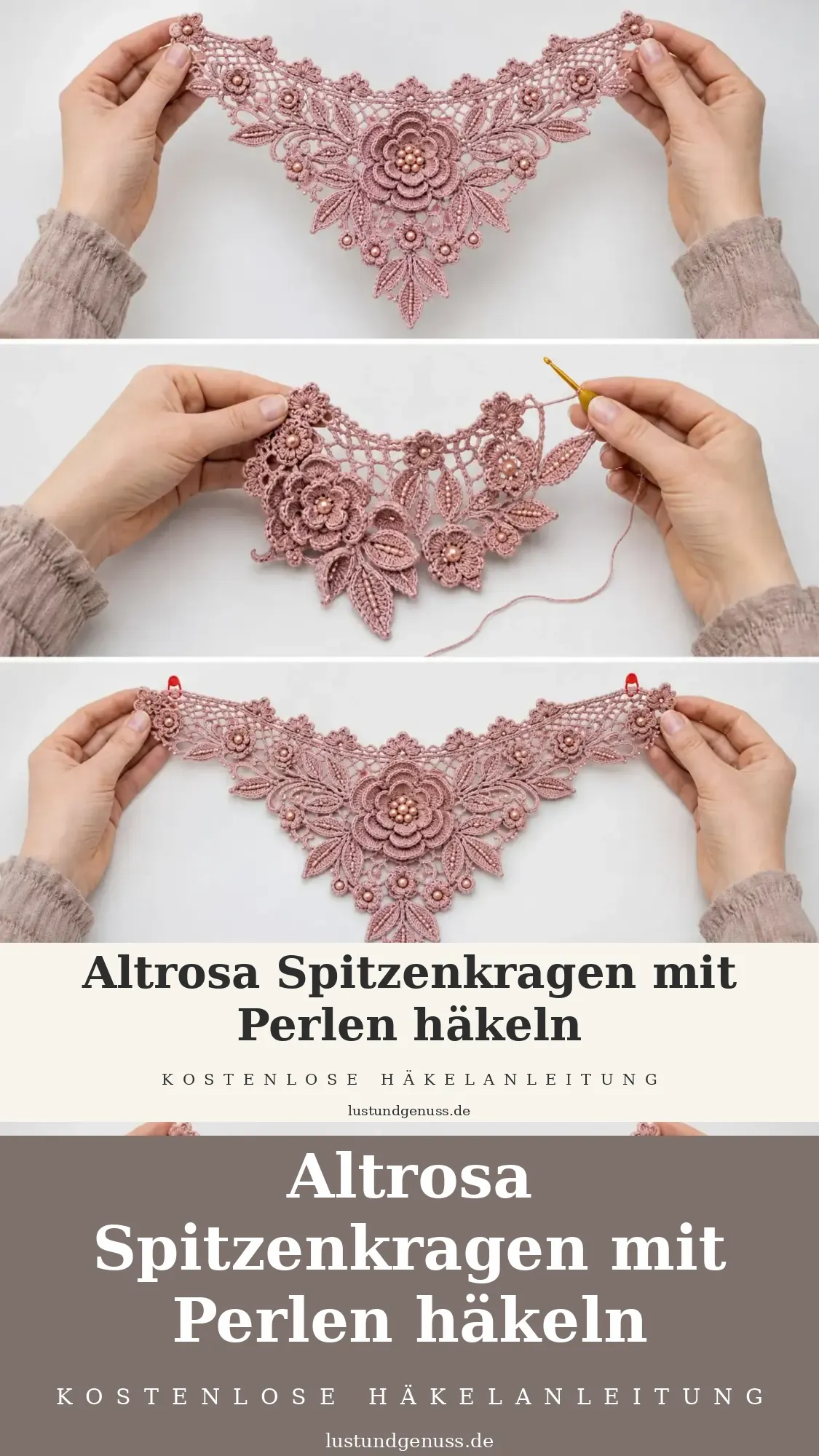Altrosa Spitzenkragen mit Perlen häkeln