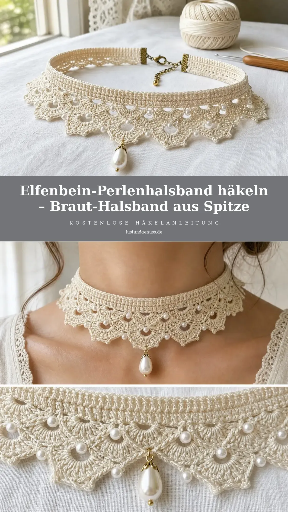 Elfenbein-Perlenhalsband häkeln – Braut-Halsband aus Spitze
