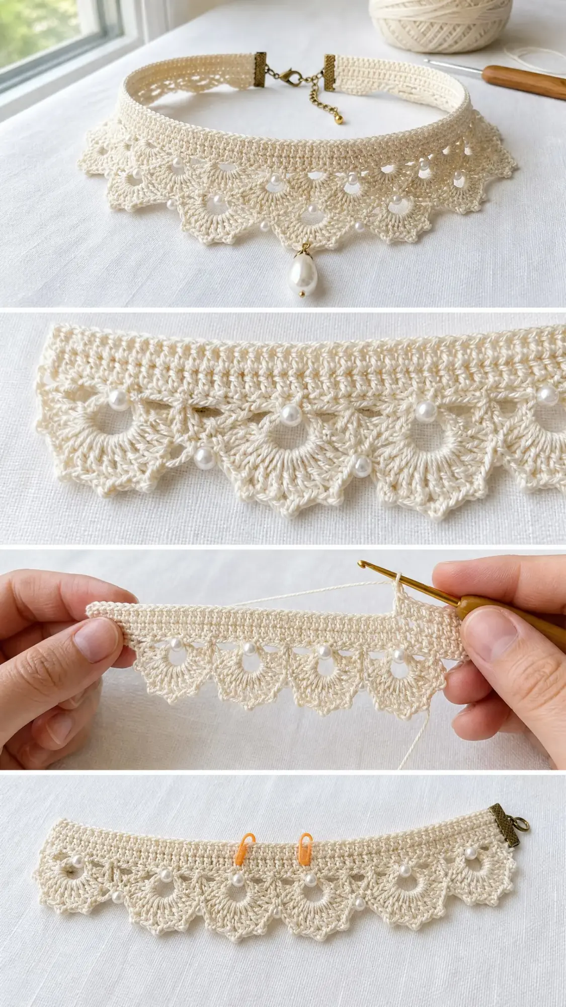 Elfenbein-Perlenhalsband häkeln – Braut-Halsband aus Spitze