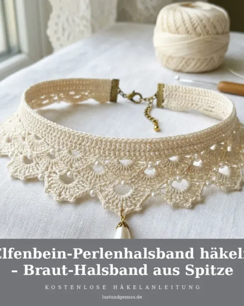Elfenbein-Perlenhalsband häkeln – Braut-Halsband aus Spitze