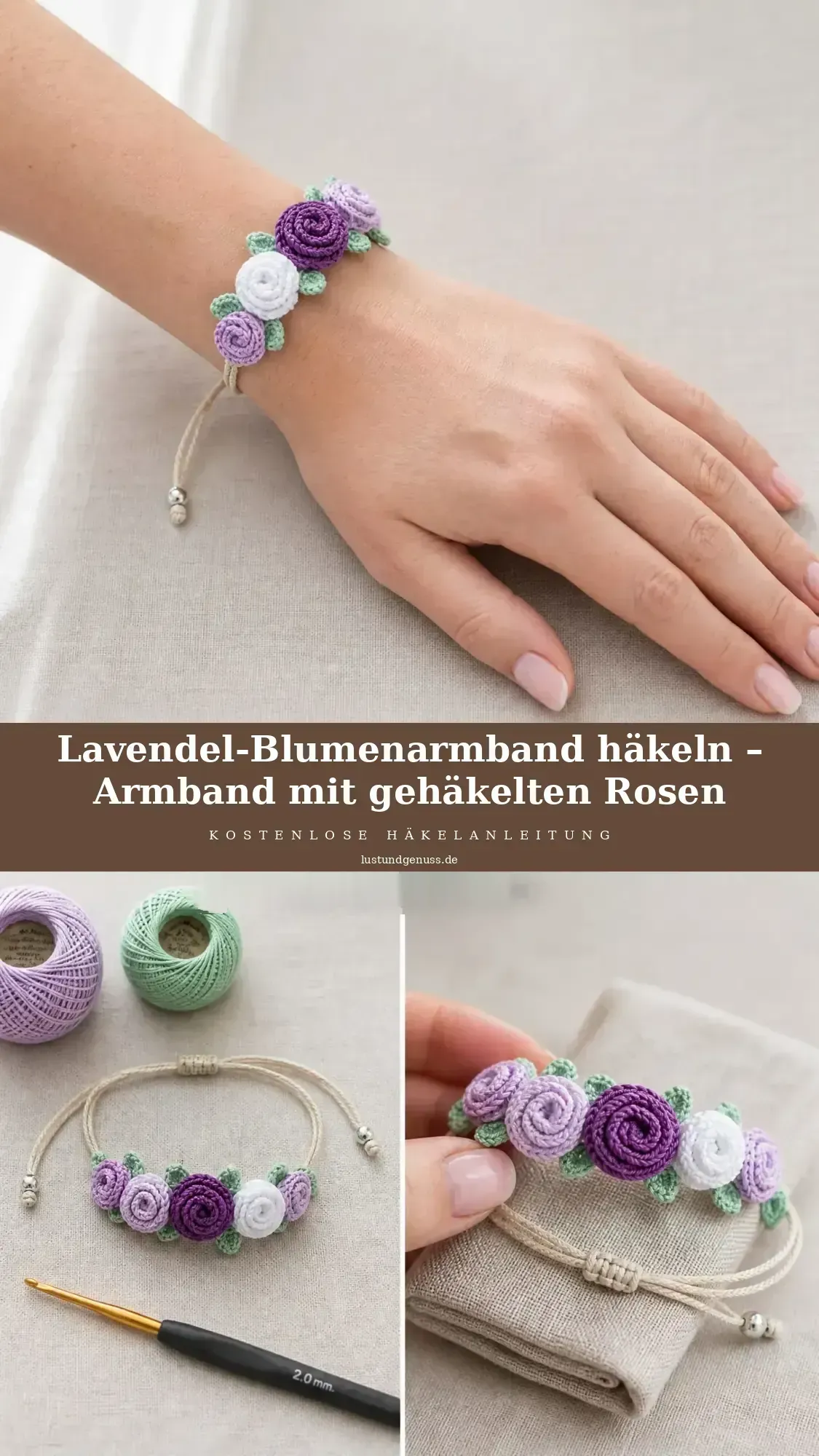 Lavendel-Blumenarmband häkeln – Armband mit gehäkelten Rosen