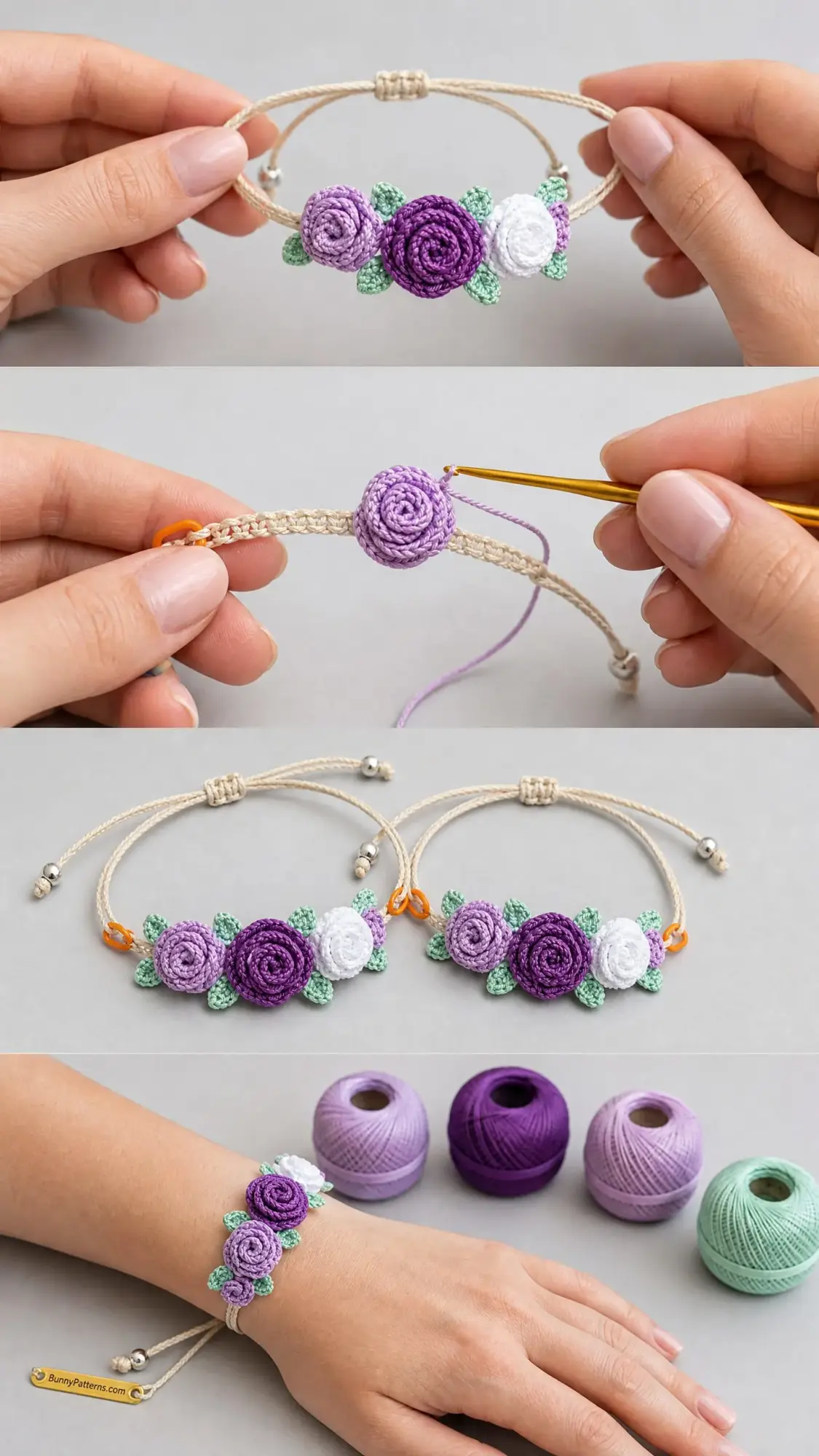 Lavendel-Blumenarmband häkeln – Armband mit gehäkelten Rosen