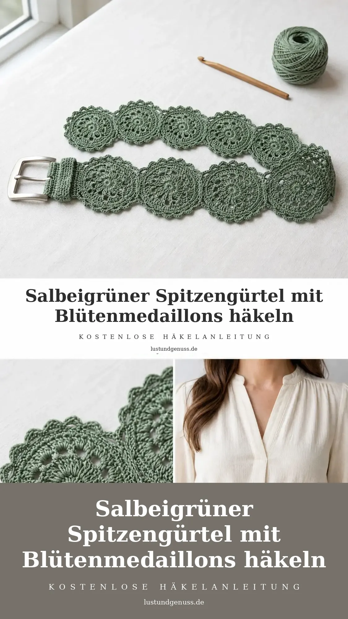 Salbeigrüner Spitzengürtel mit Blütenmedaillons häkeln