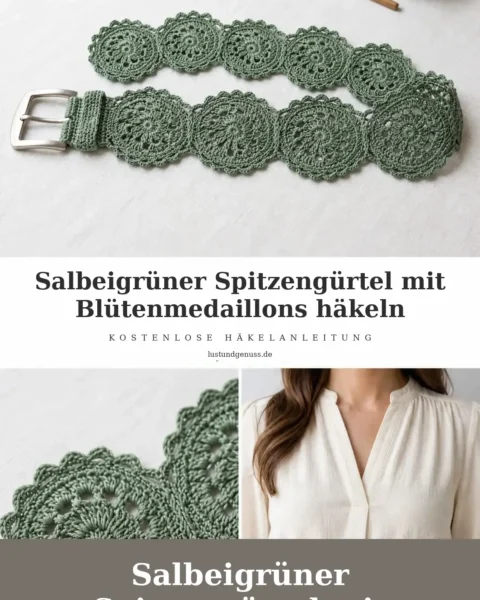 Salbeigrüner Spitzengürtel mit Blütenmedaillons häkeln