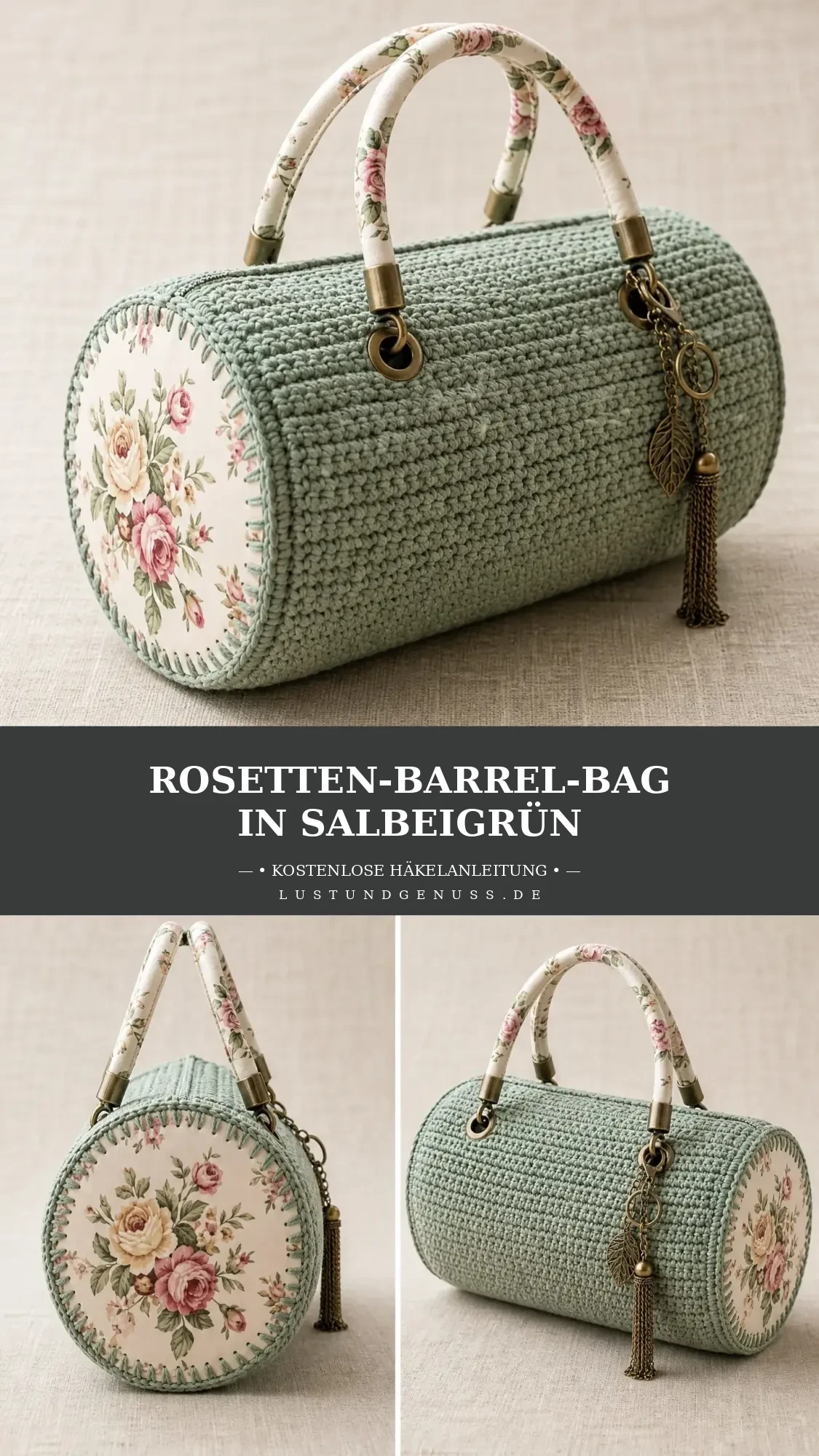 Rosetten-Barrel-Bag in Salbeigrün häkeln