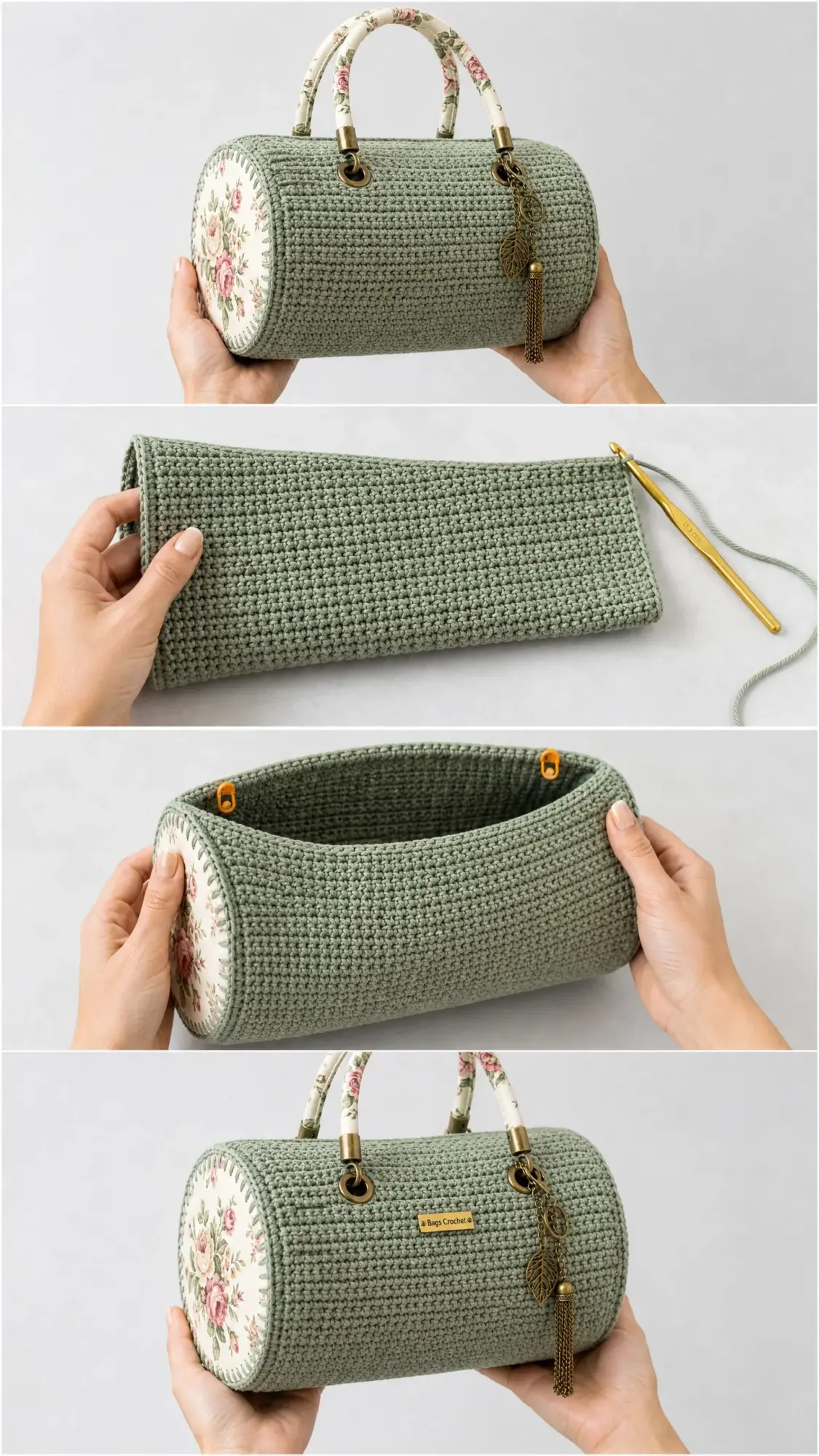 Rosetten-Barrel-Bag in Salbeigrün häkeln