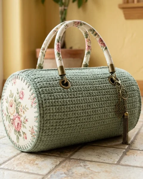 Rosetten-Barrel-Bag in Salbeigrün häkeln