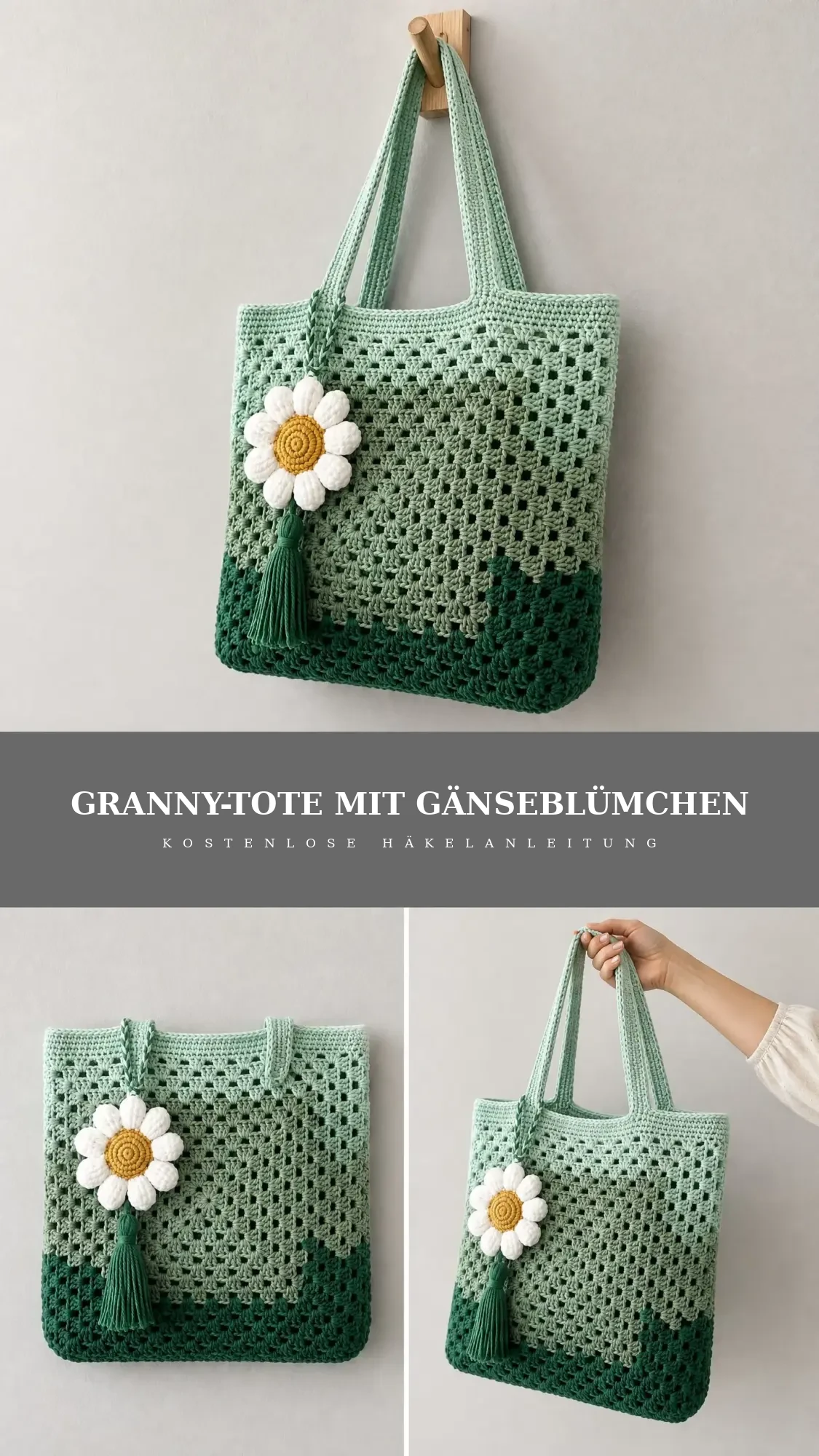 Granny-Tote mit Gänseblümchen in Grün-Ombre häkeln