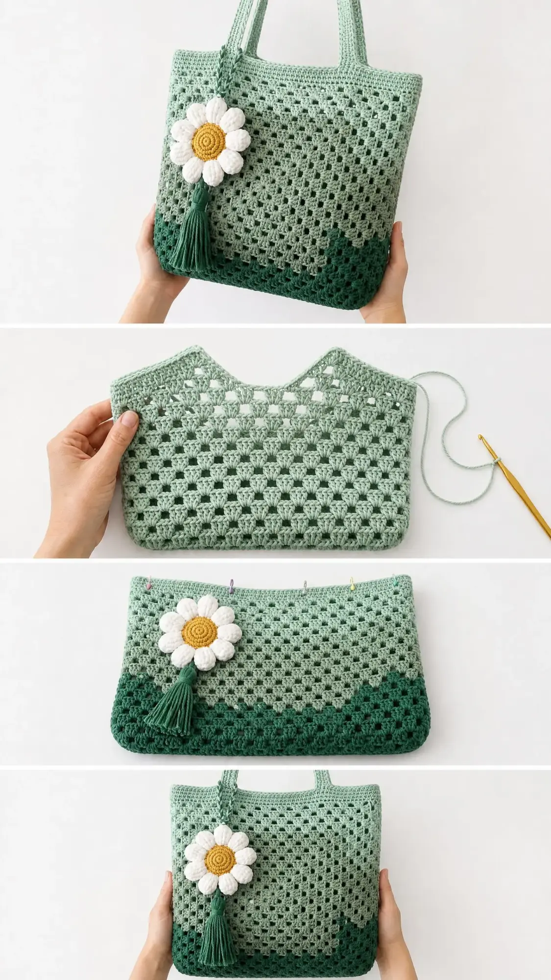 Granny-Tote mit Gänseblümchen in Grün-Ombre häkeln