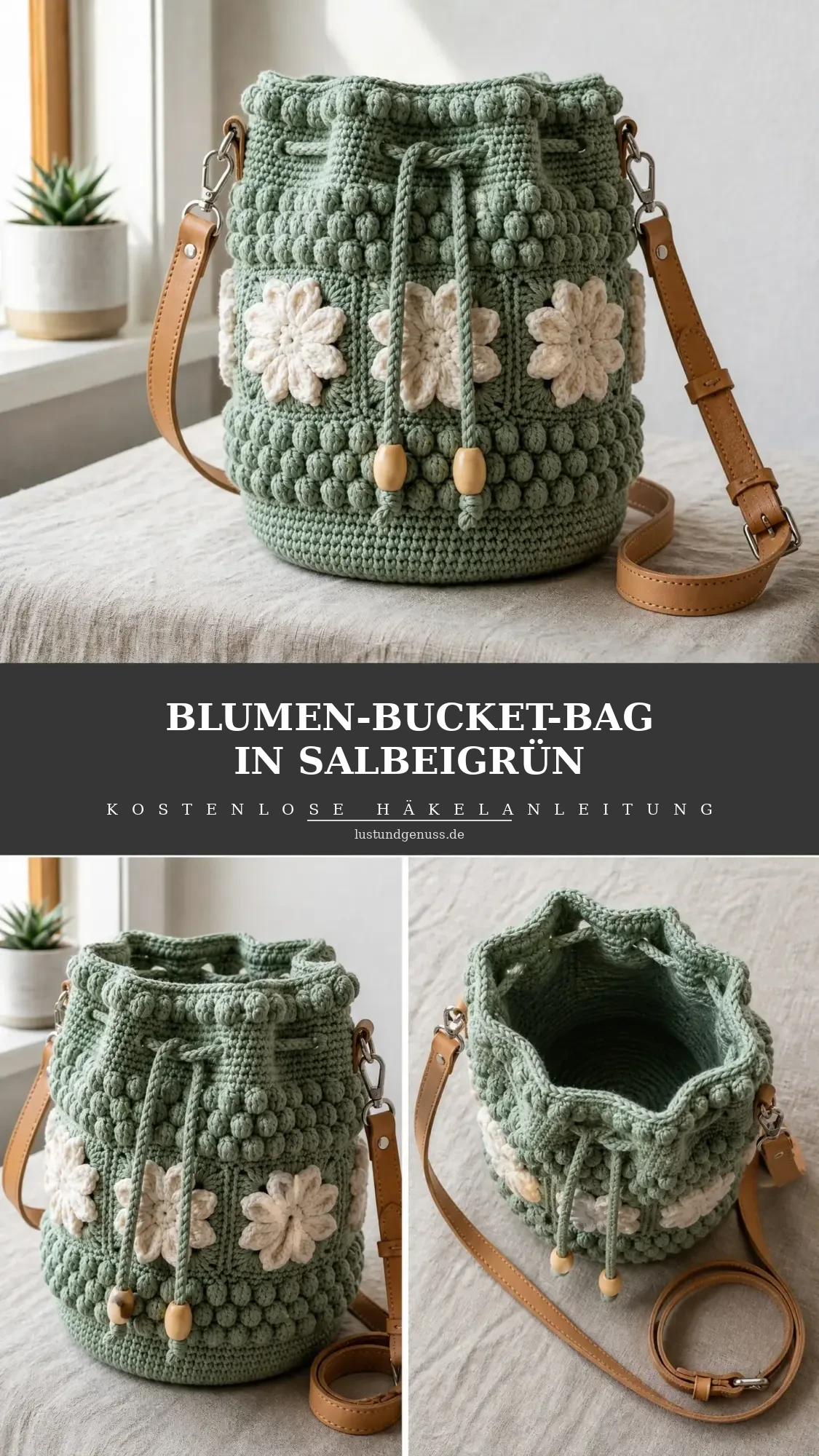 Florale Bucket Bag in Salbeigrün häkeln