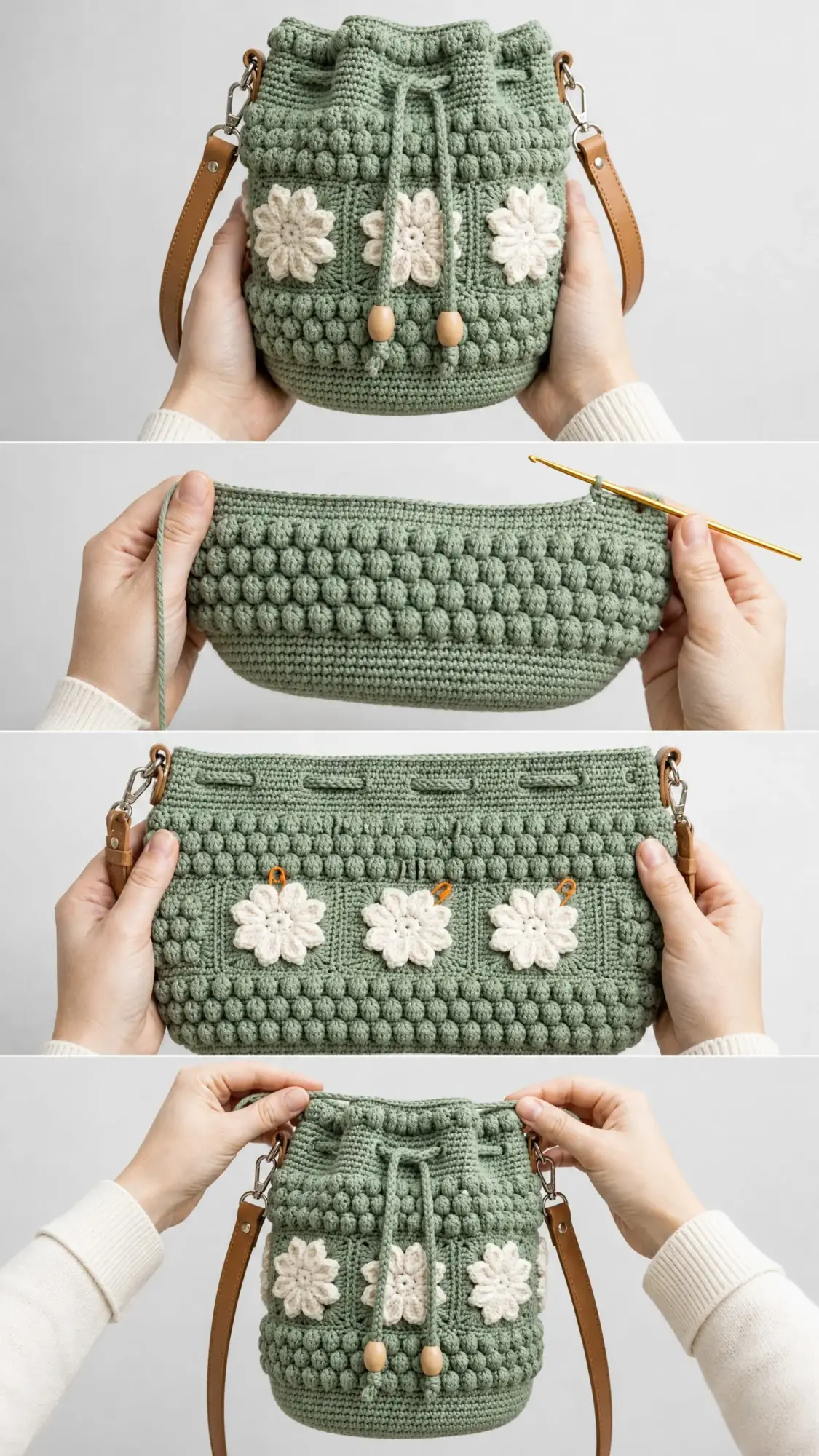 Florale Bucket Bag in Salbeigrün häkeln