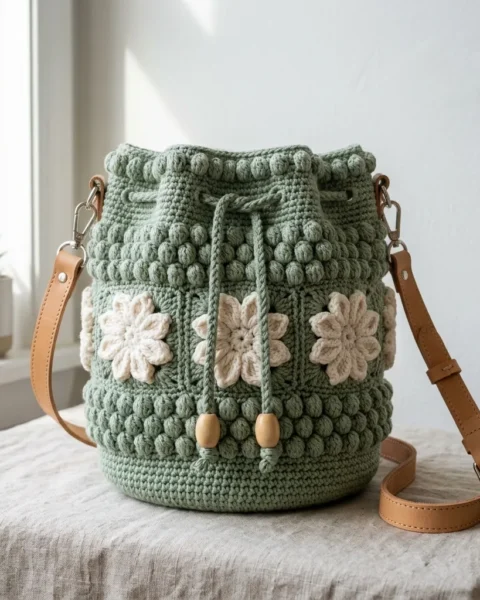 Florale Bucket Bag in Salbeigrün häkeln