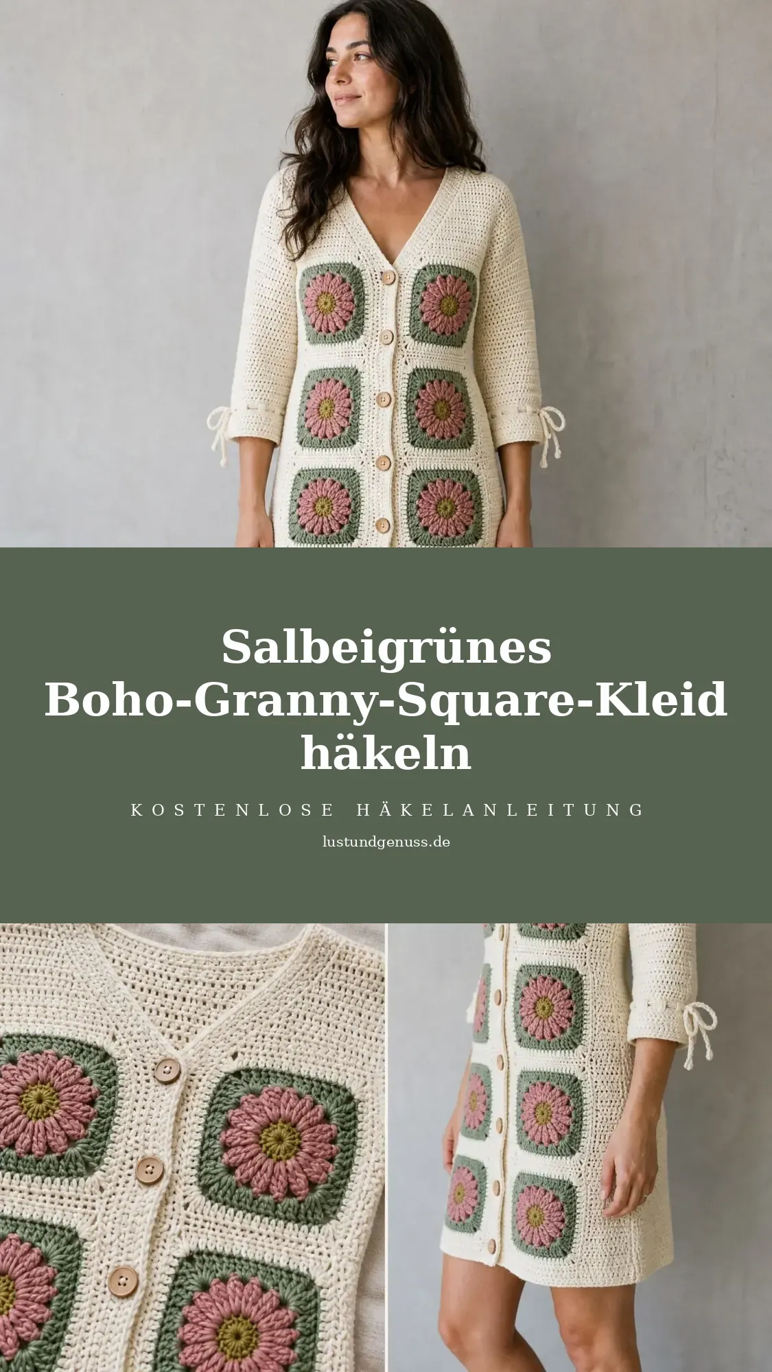 Salbeigrünes Boho-Granny-Square-Kleid häkeln
