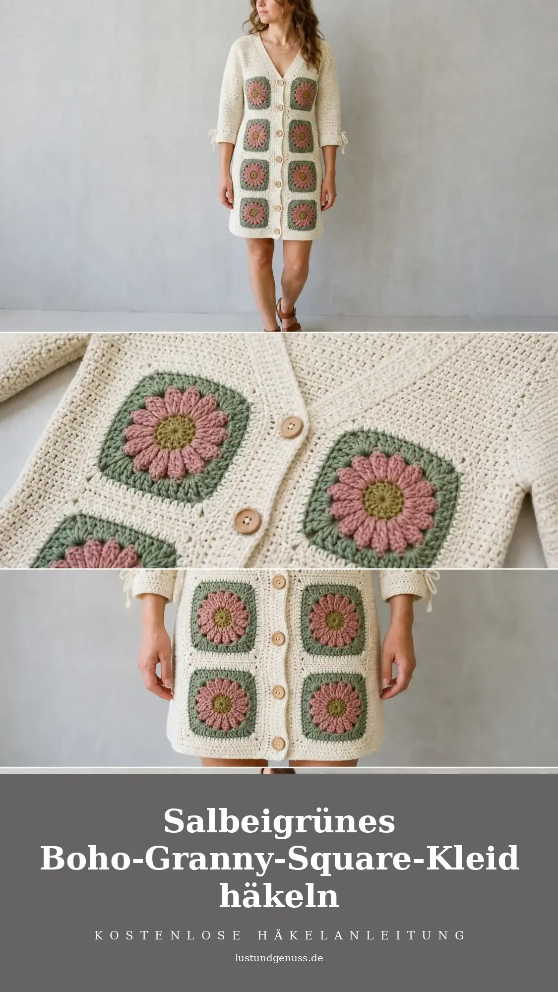 Salbeigrünes Boho-Granny-Square-Kleid häkeln